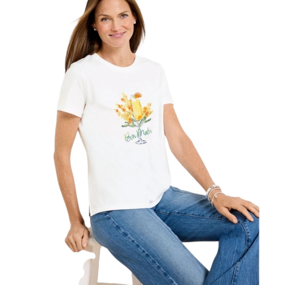Talbots Medium Petite MP White Tee T-shirt Top Yellow Citrus Flower Graphic